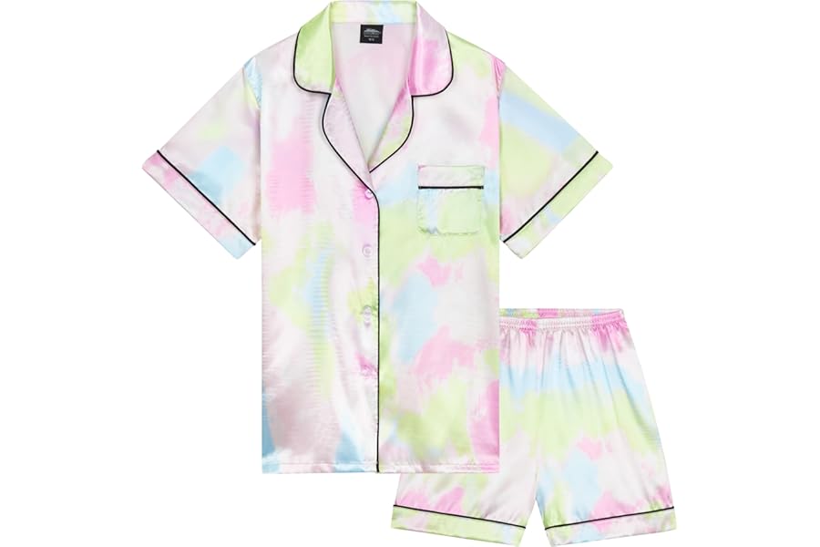 CityComfort Girls Pyjamas for Kids & Teenagers Summer Nightwear Sets Button Down Satin Short PJs Breathable Soft Loungewear Short Sleeved Jammies for Girls