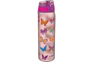 ION8 Butelka na Wodę, 500 ml/18 oz, Szczelna, Łatwe Otwieranie, Bezpieczny Zamek, Można Myć w Zmywarce, Bez BPA, Higieniczne Pokrycie, Uchwyt do Przenoszenia, Łatwa Czyszczenie, Bezwonny, Motyle