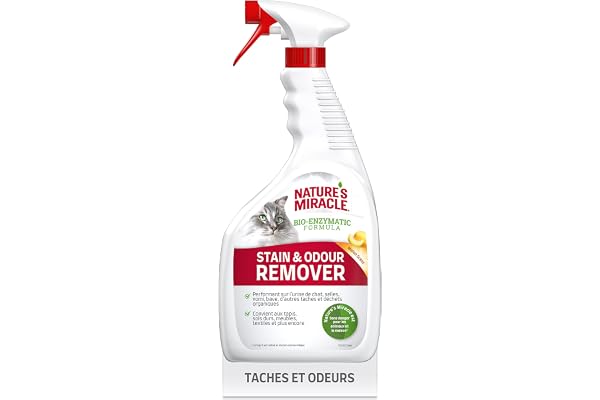 Nature’s Miracle Stain & Odour Remover - Spray Eliminateur pour taches et odeurs organiques des chat - urine, excréments, vomis – Action Bio-Enzymatique – Multi-surfaces – Parfum Melon – 946 ml