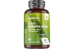 ‎WEIGHTWORLD Grüner Kaffee Kapseln 21.000mg - Grüner Kaffeebohnen Extrakt - 90 Kaffeepulver Kapseln - Natürliche Quelle der Chlorogensäure (CGA) - Pure Green Coffee von WeightWorld