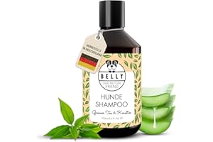 Belly® Hundeshampoo gegen Geruch – Veganes Dog Shampoo mit Grüntee & Aloe Vera –250ml– pH-neutral & silikonfrei – Feuchtigkeitsspendendes Shampoo für Hunde & Welpen – Made in Germany