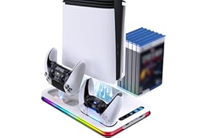 Lomffy Soporte para PS5/PS5 Slim/PS5 Pro con Ventilador de 3 Velocidades, PS5 Soporte Vertical con 8 Luces RGB y Estación de Carga de Dual Dontrolador 4 Puertos Ranuras de 6 Juegos, Accesorios para P5