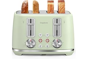 LONGDEEM Toaster 4 Slice, Extra Wide Slots Stainless Steel with High Lift Lever, Dual Independent Controls, Removable Crumb Tray, Easy to Clean, 6 Shade Settings, Reheat & Frozen, Green