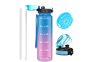 OLDLEY 1L/32oz Borraccia con Cannuccia 2 Coperchi Borracce Sportive a Tenuta Stagna Borraccia con Filtro Marcature dei Tempi Borracce in plastica Tritan Senza BPA per Bambini Adulti Ciclismo Corsa