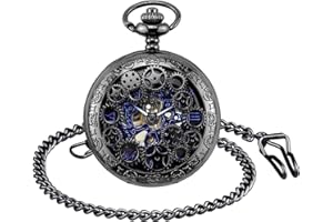 Unendlich U Montre de Poche mécanique Homme, Montre de Poche Vintage, Steampunk Gears Séries Squelette Cadran en Chiffres Romains, Boîtier d'acier Inoxydable Noir, pour Homme Femme