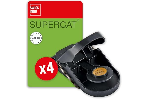 SWISSINNO Piège à Souris SuperCat - Tapette Souris - Efficace + Réutilisable avec Appât au Beurre de Cacahuète - Capture Rapide - Utilisation Intérieure et Extérieure - 4 Pièges
