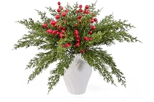 Leixi 48Pcs Christmas Artificial Pine Branches with Red Berry Stems,Fake Christmas Greenery Norfolk Pine Picks for Home Kitchen Wreath Craft DIY Decor