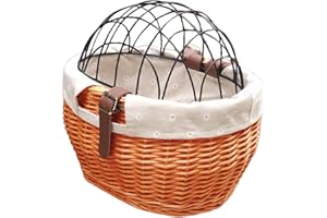KKPLZZ Cesta de Mimbre para Bicicleta, Perros pequeños, Gatos, Portador de Mascotas, Cesta Delantera de Bicicleta con Cubierta de Malla metálica