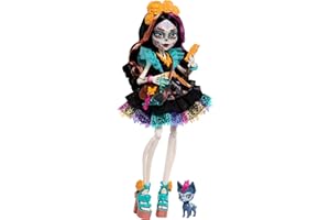 Monster High Doll, Skelita Calaveras in Colorful Papel Picado Dress with Pet Dog Candelita and 7 Accessories like Sketch Book, Snack and Messenger Bag, JHK34