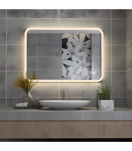 PESENXAN Led-badkamerspiegel met verlichting, 3 kleurtemperaturen, dimbaar, anti-condensfunctie, wandspiegel met geheugenfunctie, touch-schakelaar, explosiebestendig glas, 60 x 80 cm