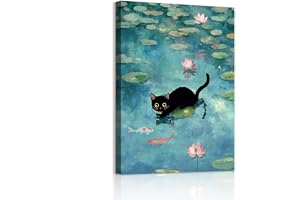WENGTIAO Svart katt i näckros damm inramad vintage rolig katt målning på duk bilder dekoration modernt vardagsrum sovrum badrum väggdekor 30x40 cm