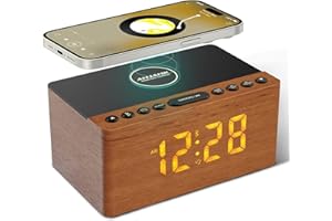 ANJANK Altoparlante Bluetooth Radiosveglia in Legno,Stazione di Ricarica Wireless per iPhone/Samsung,Porta di Ricarica USB,0-100% Display Dimmerabile,Timer per il Sonno,Orologio Digitale da Comodino