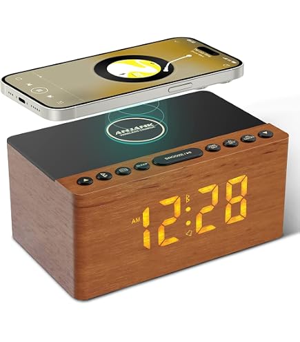Sveglia Digitale In Legno Naturale Con Ricarica Wireless Qi – Base Per Smartphone E Auricolari, Display LED E Due Sveglie