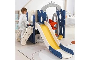 JOROBURO, Scivolo per bambini 5 in 1 con canestro da basket, parco giochi per interni ed esterni, kit di gioco per arrampicata autoportante (5 in 1, colore blu)