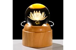 Arikyrist 3D Lotus Flower Crystal Ball 2.36" Gifts for Women with LED Rotatable Base Floral Figurine Lotu FengShui Ornaments Glass Paperweight for Her