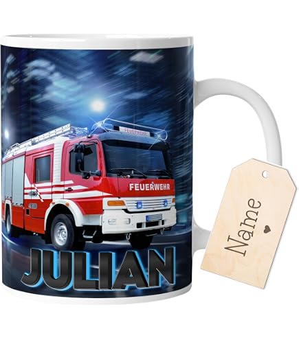 Emaille Tasse Mit Feuerwehrauto Motiv – 300 Ml, Robuste Blechtasse Mit Namenspersonalisierung