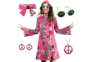 MRYUWB 70er-Hippie-Kleid, Kostüm für Damen, mit Halskette, Ohrringen, Sonnenbrille, Disco-Outfit, 60er-Party-Kostüm, Halloween Retro-Kleider