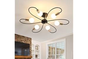 Lumiup Sputnik Light Fixture, 6 Light Black Vintage Matte Modern Chandelier, Mid Century Hemp Flowers Shape Semi Flush Mount Ceiling Lights for Bedroom, Living Room, Kitchen, Dining Room