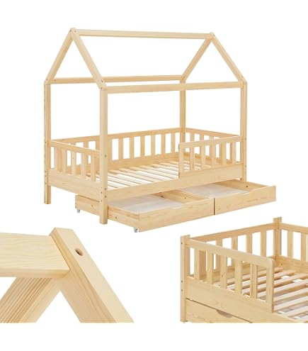 Letto A Pavimento Per Bambini 140x200 Cm In Legno Di Pino E MDF Bianco, Con Ringhiera Di Sicurezza E Ripiani Laterali, Max 150 Kg