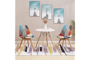 HomJoy Dining Table and 2 Chairs Set, Retro Patchwork Lounge Chair and Modern Round Kitchen Table with Solid Wood Legs