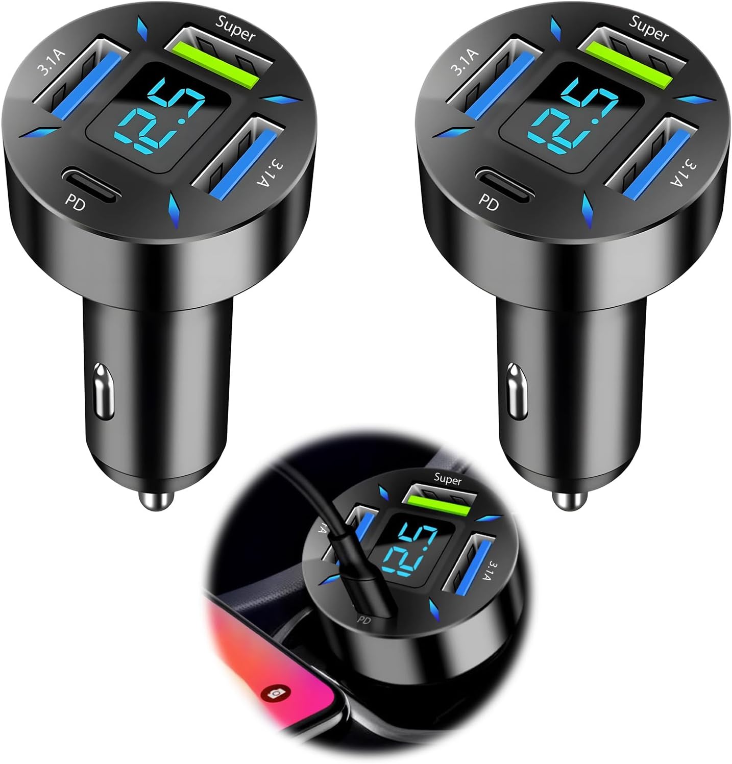 2 PCS 66W Cargador Mechero USB Carga Rapida, Super y QC3.0 & PD 4 Puertos Cargador Movil Coche con Voltímetro Led Compatible con Múltiples Dispositivos y Todos Los Teléfonos Inteligentes