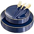 Liacere 150PCS Blue Plastic Plates - Gold Plastic Silverware with Blue Handle - Navy Disposable Plates Include 30 Guests Plates,Forks,Spoons,Knives for Wedding & Party&Christmas&Hanukkah