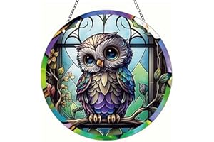 MATIHAY Acrylic Ornaments - Cute Baby Owl Stained Glass Window Hanging, Owl Suncatcher Halloween Fall Decor for Housewarming Gift (S, Little Owl)