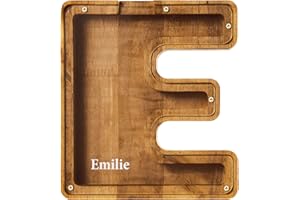 JOULLI Personalized Wooden Money Box, A-Z Letters Wooden Piggy Bank, Coin Bank with DIY Alphabet Stickers, Money Saving Bank Coin Storage Box Birthday Xmas Back to School Gifts (E)