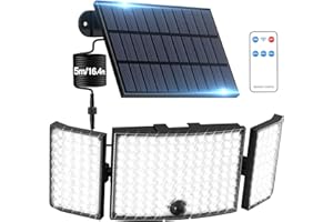 Claoner Grande 234 LED Lampe Solaire Extérieure-3 Panneau, 270°+ Super Lumineux Lumière Solaire avec Détecteur de Mouvement 3 Modes Applique Murale IP65 Etanche avec câble de 5m, Télécommande