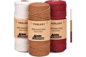 YESLUSY Premium Makramee Garn Natur 3er Set, Makramee Garn Set Rot, 3mm x 100m Baumwollgarn, für DIY Handwerk, Weihnachten, Weben Boho Dekoration und Hängepflanzen