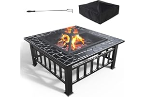 VOUNOT® Brasero Exterieur avec Couverture en Maille Poêles Chauffant Multifonctionnelle pour Jardin Terrasses Balcon Poêle à Bois 81x81x45cm Noir