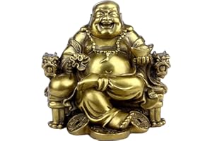STCREE Chińska Figurka Buddy Feng Shui z Mosiądzu, Śmiejący się Budda o Dużej Brzuszce, Siedzący na Cesarskiej Smokowej Krzesle z Ingotem, Figurka Bogactwa i Szczęścia, Dekoracja Domowa 11cm(H