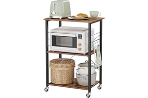 VASAGLE Estantería de Cocina con Ruedas, Carrito de Servicio de 3 Niveles, Estantería para Microondas, Marco de Metal con 6 Ganchos, 40 x 60 x 89 cm, Marrón Rústico y Negro Tinta KKS60XV1