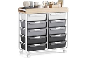 SYKIARIOL Rolling-Utility-Storage-Trolley-Cart-Craft-Organizer on Wheels with 10 Drawers & DIY Label Slot for Home, Office,Classroom, Make Up, 10 Drawers Art Supply Organizers, Craft Trolley, Gray