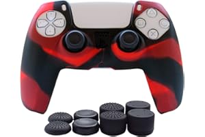 Hikfly Silicone Cover for PS5 Grips for PlayStation 5 Controller Skin Protector Sleeve Kits Video Games with FPS Pro Thumb Grips Caps(Redblack)