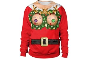 HAOLEI Ugly Christmas Jumpers for Women and Men Funny Novelty Santa Xmas Jumper No Hood 3D Print Snowman Sweatshirt Long Sleeve Pullover Christmas T-Shirt UK Clearance