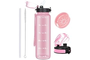 OLDLEY 1L/32oz Borraccia con Cannuccia 2 Coperchi Borracce Sportive a Tenuta Stagna Borraccia con Filtro Marcature dei Tempi Borracce in plastica Tritan Senza BPA per Bambini Adulti Ciclismo Corsa