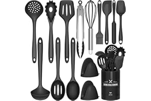 TERLULU Set di utensili da cucina, 15 pezzi, in silicone, resistenti al calore, con porta utensili, set di utensili da cucina, lavabili in lavastoviglie