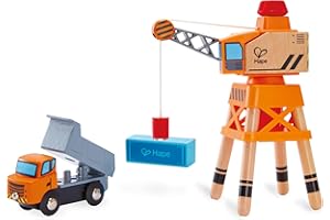 Jouet Hape Grande Grue à Perche pour Circuit Train Bois - Jeu pour Enfant dès 3 ans - Système Magnétique avec Camion et Marchandise - Compatible avec les Circuits de Marques Traditionnelles