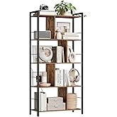 VASAGLE Storage Unit, Bookcase, 5 Tiers, Open Compartments, Office Living Room, Bedroom, Industrial Style, Rustic Brown and B
