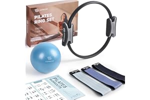 LIONSCOOL Pilates Ring Set - Premium14”Magic Circle with Dual Padded Handles - Includes Pilates Mini Ball & Highly Elastic Resistance Bands & Workout Guide & Bag
