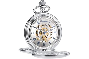 TREEWETO Orologio da tasca unisex, con catena, analogico, a carica manuale, con doppia cerniera, stile romano antico