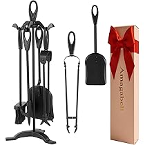 Amagabeli Ensemble D'outils De Cheminée Et Porte-bûches Robuste Pour Cheminee Support Pour Bois De Chauffage Interieur Et Exterieur Avec 4 Outils En Fer Forge Noir