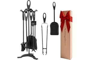 AMAGABELI GARDEN & HOME Amagabeli 5 pezzi 64 cm Set di strumenti per caminetto Ferro battuto e accessori per caminetti da interno Portalegna Pinze per pozzo del fuoco Pala Spazzola antica Poker Stufa a legna (Nero)