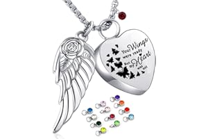 MOROTOLE Cremation Heart Urn Necklace For Ashes With Angel Wing Engraved No Longer By My Side But Forever In My Heart Keepsake Memorial Urn Necklace With Birthstones