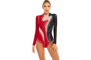 Doomiva Damen Turnanzug Langarm Gymnastikanzug Glitzer Ballettanzug Ballett Trikotanzug Leotards Strass Patchwork Wettbewerb Tanzkostüm