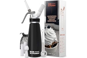 EurKitchen Siphon Chantilly en Aluminium - Siphon à Crème Chantilly – Machine à Chantilly avec 3 Douilles de Décoration & Brosse de Nettoyage – Capacité de 500 ML – Cartouches N2O (Non Fournies)
