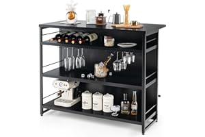 GYMAX Mobile Bar Industriale per Casa, Isola da Cucina a 4 Livelli con Ripiani, Portabottiglie, Porta Calici, con Poggiapiedi Lungo, Perfetto per Angolo Bar di Casa, Bar, Ristorante (Nero)