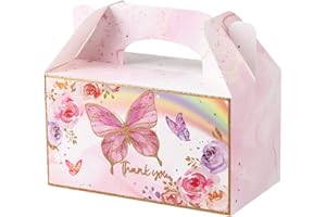 Giiffu Pink Butterfly Party Treat Boxes Food Boxes, Goodie Gable Boxes Candy Box, Gift Boxes for Girls Women Birthday Party, Baby Shower, Wedding Party, 16 x 8.9 x 8.9cm(Glitter Butterfly, 12-Pack)