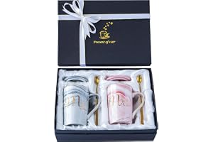 SKYTONE Coffee Mug, Anniversary for Couple Special, Wedding for Couples, Mugs for Coffee, Mug with Lid, Spoon & Coasters with Box, Valentine Set of 2 (Mr & Mrs. Cup)